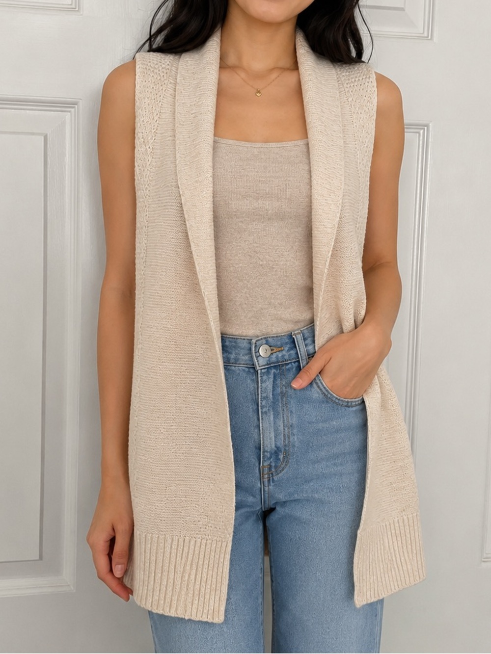 GAP Cream Open-Front Shawl Collar Cardigan